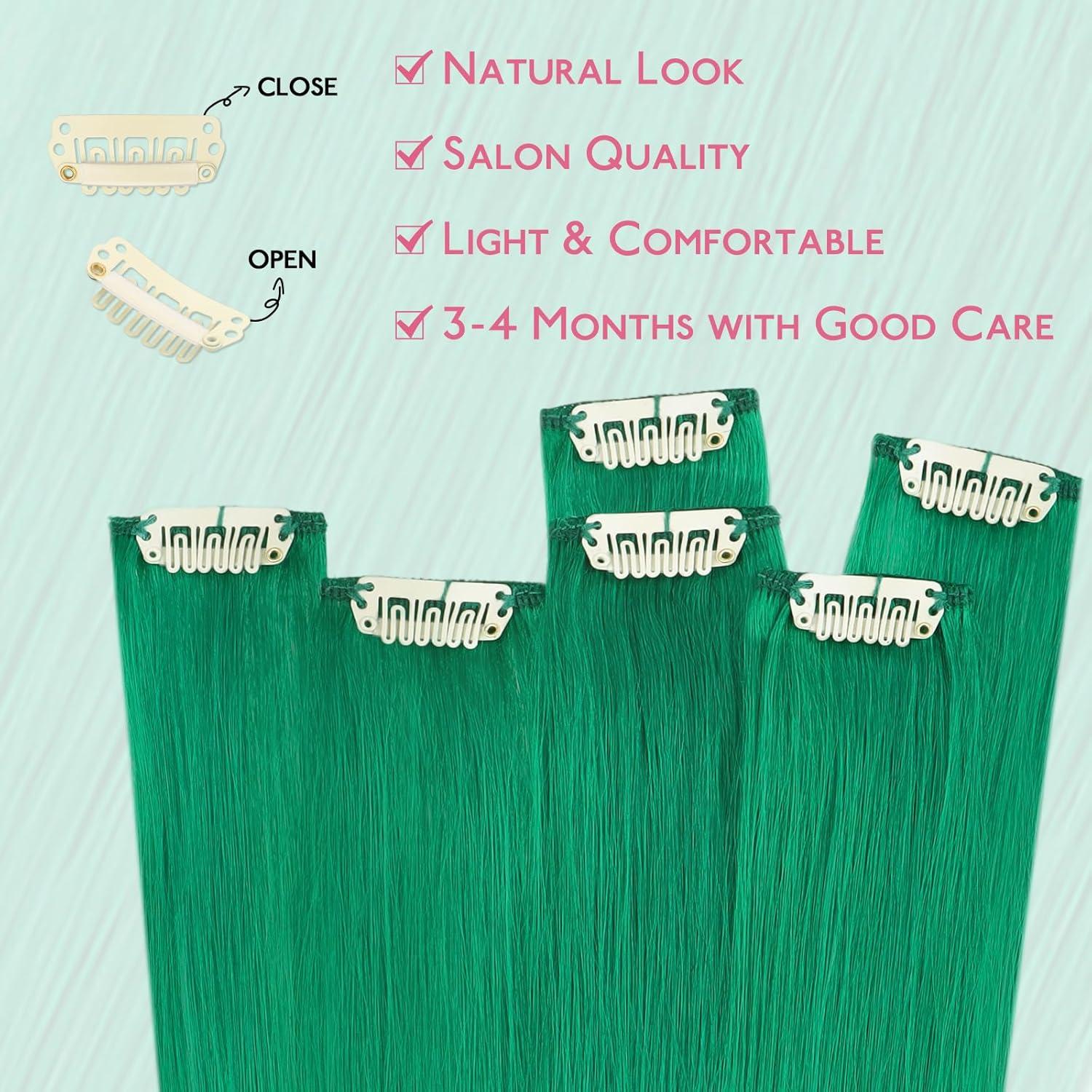 imageWENNALIFE Green Clip in Hair Extensions Real Human Hair 35g 6pcs 16 Inch Colored Hair Extensions for Kids Women Colorful Hair Pieces Popup Style Straight Extensiones De Cabello Humano Con Clip