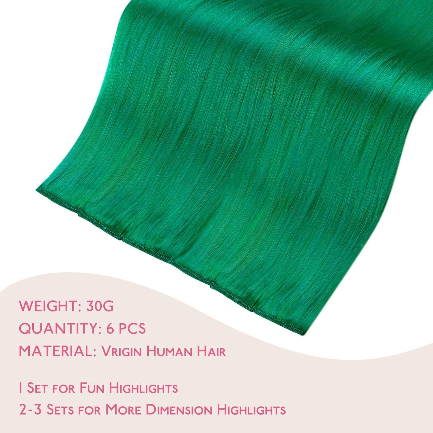 imageWENNALIFE Green Clip in Hair Extensions Real Human Hair 35g 6pcs 16 Inch Colored Hair Extensions for Kids Women Colorful Hair Pieces Popup Style Straight Extensiones De Cabello Humano Con Clip