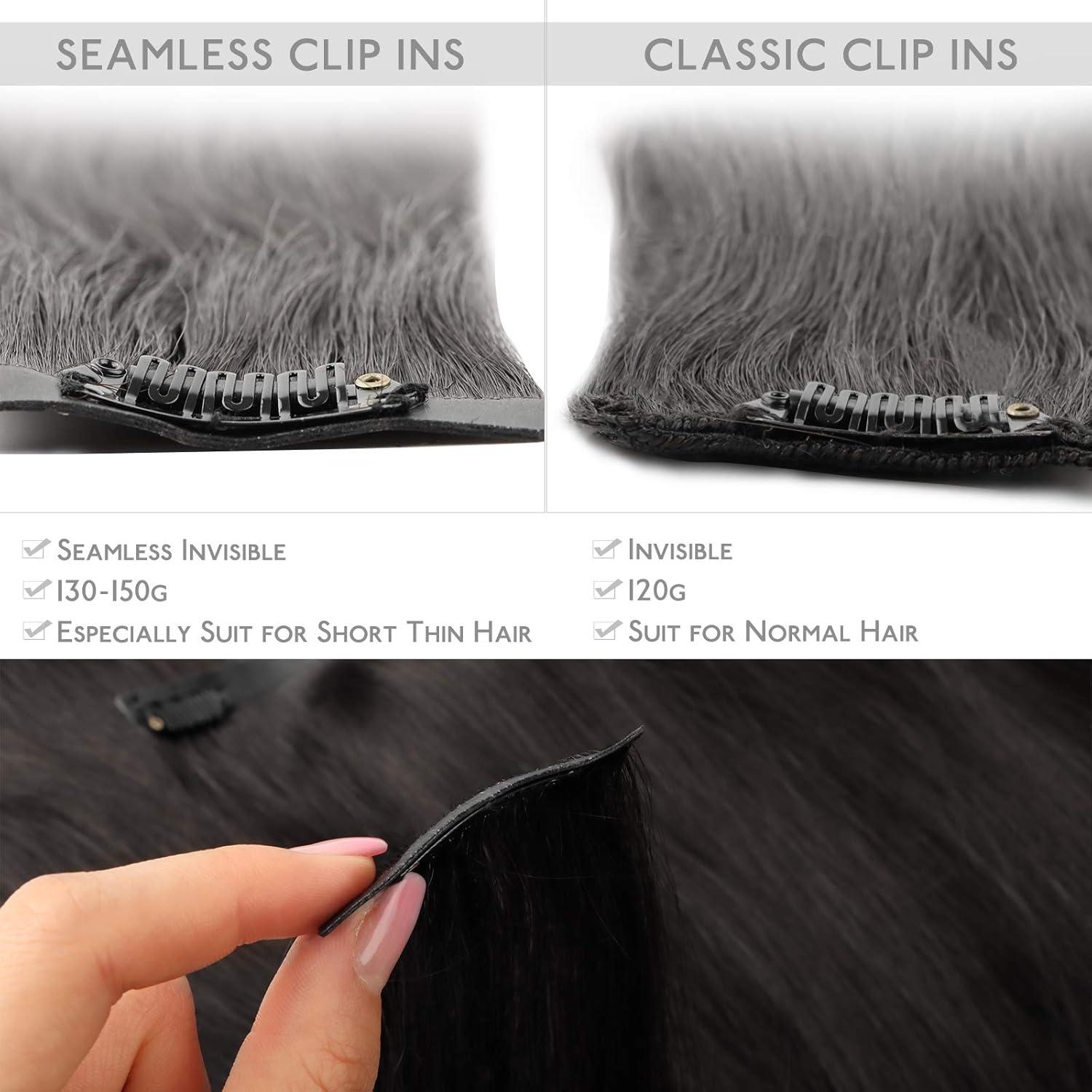 imageWENNALIFE Seamless Clip In Hair Extensions 14 Inch 130g 7pcs Natural Black Hair Extensions Clip in Human Hair Invisible PU Skin Weft Natural Remy Human Hair