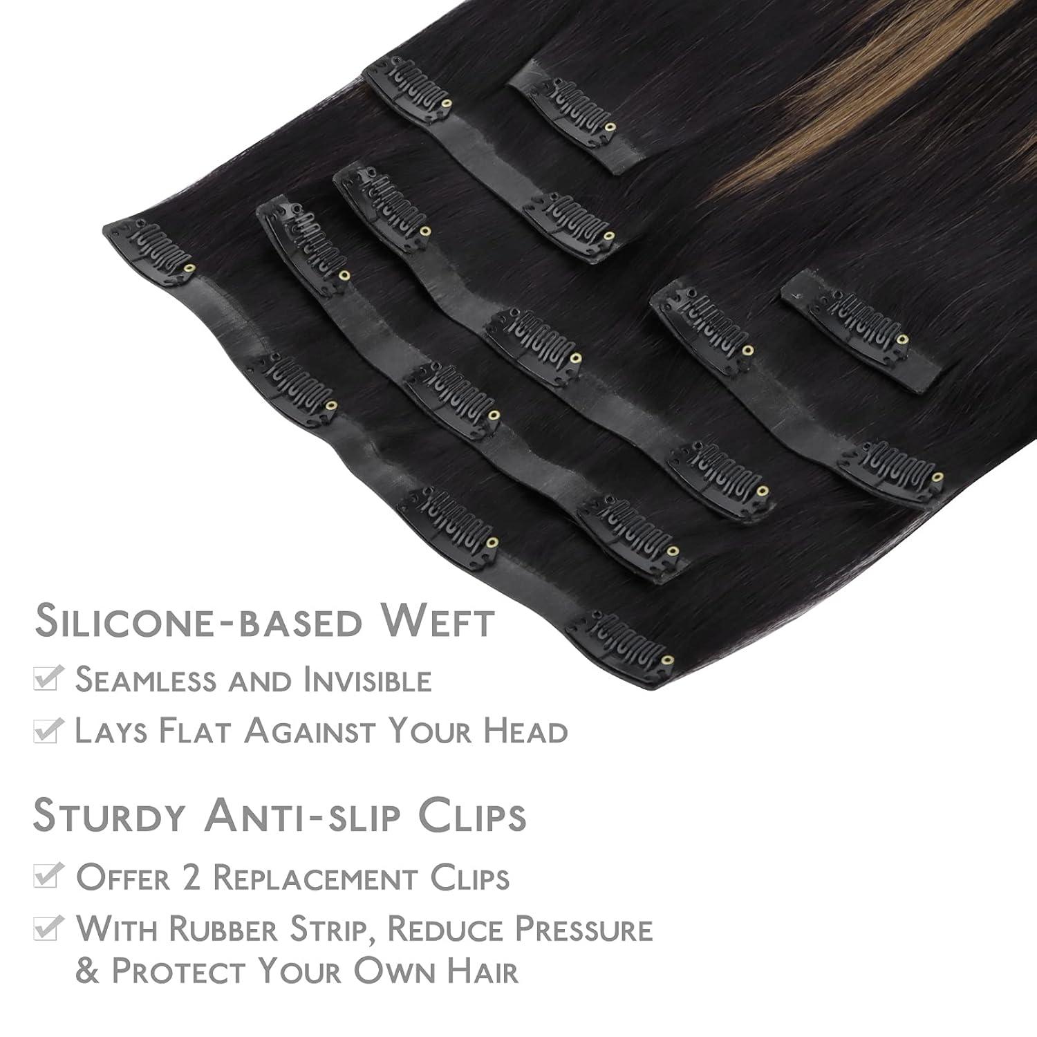 imageWENNALIFE Seamless Clip In Hair Extensions 20 Inch 150g 7pcs Natural Black Mixed Chestnut Brown Hair Extensions Clip in Human Hair Invisible PU Skin Weft Natural Remy Human Hair Extensions