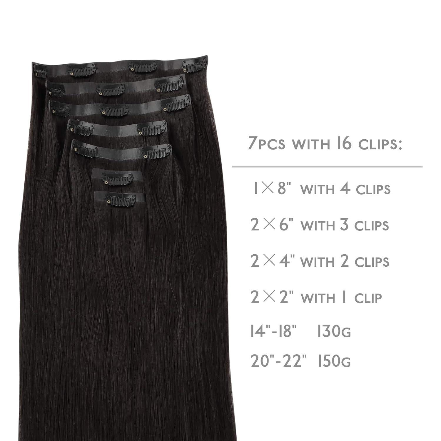 imageWENNALIFE Seamless Clip In Hair Extensions 22 Inch 150g 7pcs Natural Black Hair Extensions Clip in Human Hair Invisible PU Skin Weft Natural Remy Human Hair