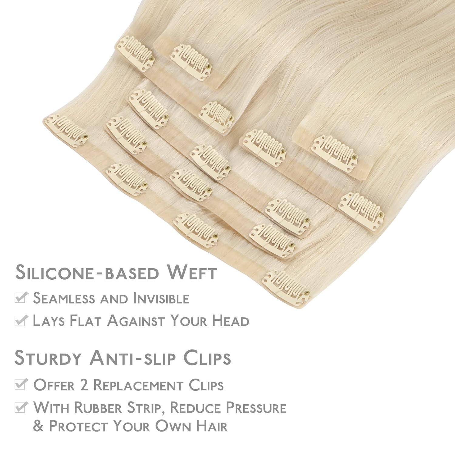 imageWENNALIFE Seamless Clip In Hair Extensions Human Hair 18 Inch 130g 7pcs Platinum Blonde Real Hair Extensions Clip in Human Hair Invisible PU Skin Weft Natural Remy Human Hair Extensions