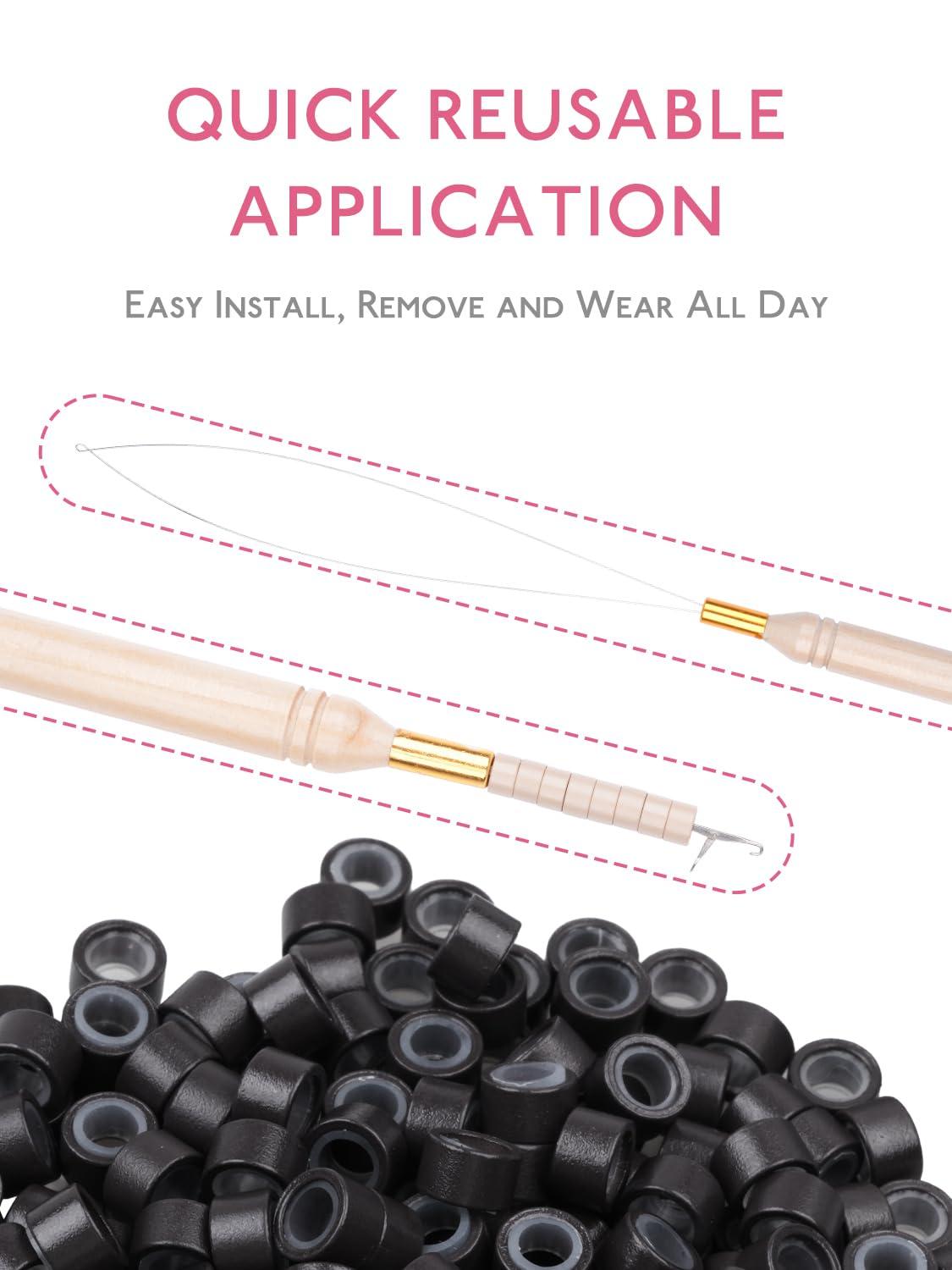 imageWENNALIFE Sew in Hair Extension Kit Hair Extension Tools 200 PCS Blonde Micro Ring Beads 1 Pulling Needle 1 Loop Needle 1 Plier 1 Thread 4 Curved Needles 2 Straight Needles 2 JneedlesBlack