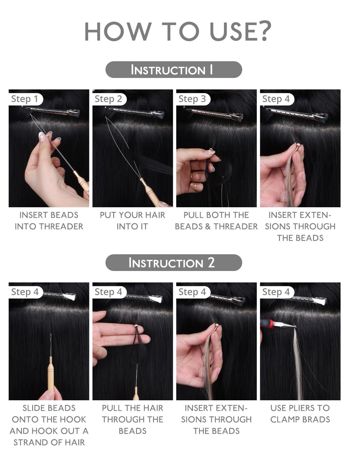 imageWENNALIFE Sew in Hair Extension Kit Hair Extension Tools 200 PCS Blonde Micro Ring Beads 1 Pulling Needle 1 Loop Needle 1 Plier 1 Thread 4 Curved Needles 2 Straight Needles 2 JneedlesBlack