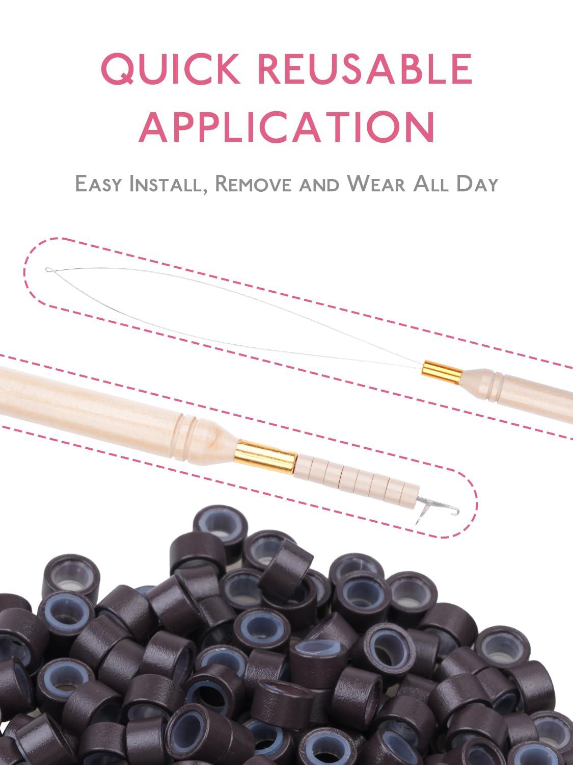 imageWENNALIFE Sew in Hair Extension Kit Hair Extension Tools 200 PCS Blonde Micro Ring Beads 1 Pulling Needle 1 Loop Needle 1 Plier 1 Thread 4 Curved Needles 2 Straight Needles 2 JneedlesBrown