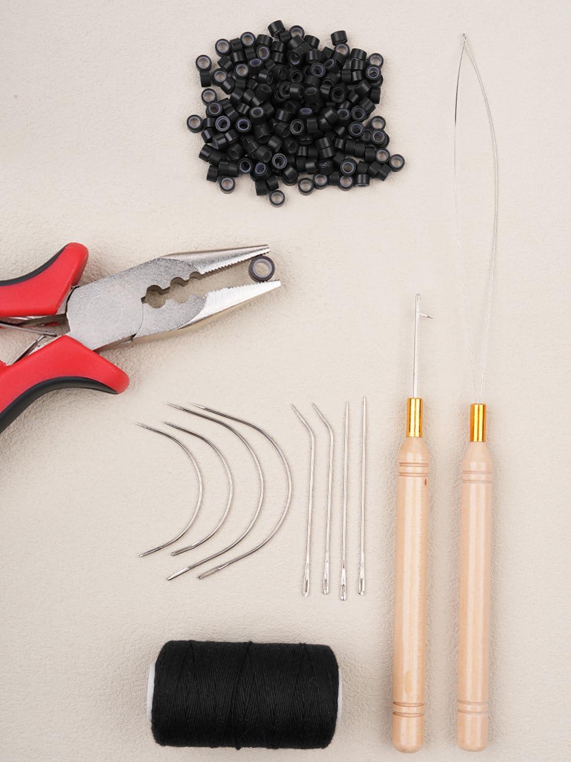 imageWENNALIFE Sew in Hair Extension Kit Hair Extension Tools 200 PCS Blonde Micro Ring Beads 1 Pulling Needle 1 Loop Needle 1 Plier 1 Thread 4 Curved Needles 2 Straight Needles 2 JneedlesBlack