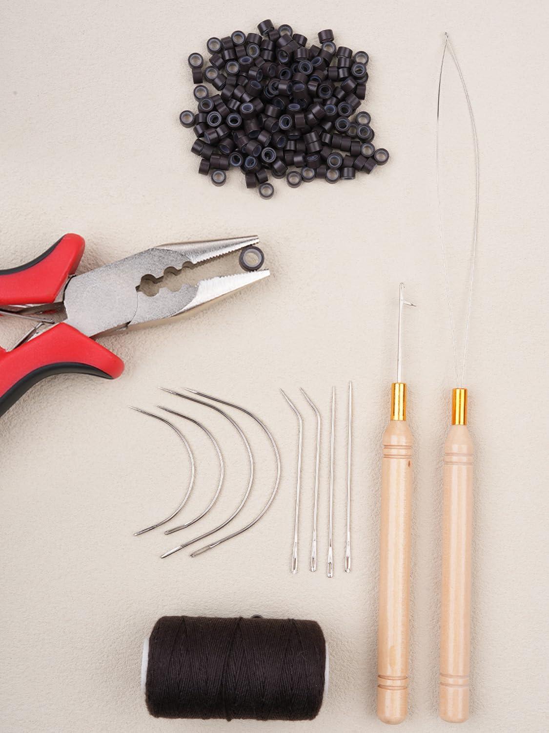 imageWENNALIFE Sew in Hair Extension Kit Hair Extension Tools 200 PCS Blonde Micro Ring Beads 1 Pulling Needle 1 Loop Needle 1 Plier 1 Thread 4 Curved Needles 2 Straight Needles 2 JneedlesBrown