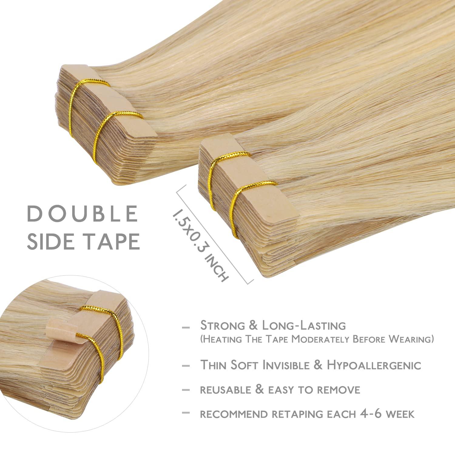 imageWENNALIFE Tape in Hair Extensions Human Hair 20pcs 50g 24 inch Light Blonde Highlighted Golden Blonde Remy Hair Extensions Straight Human Hair Tape in Extensions Skin Weft Tape Extensions Human Hair