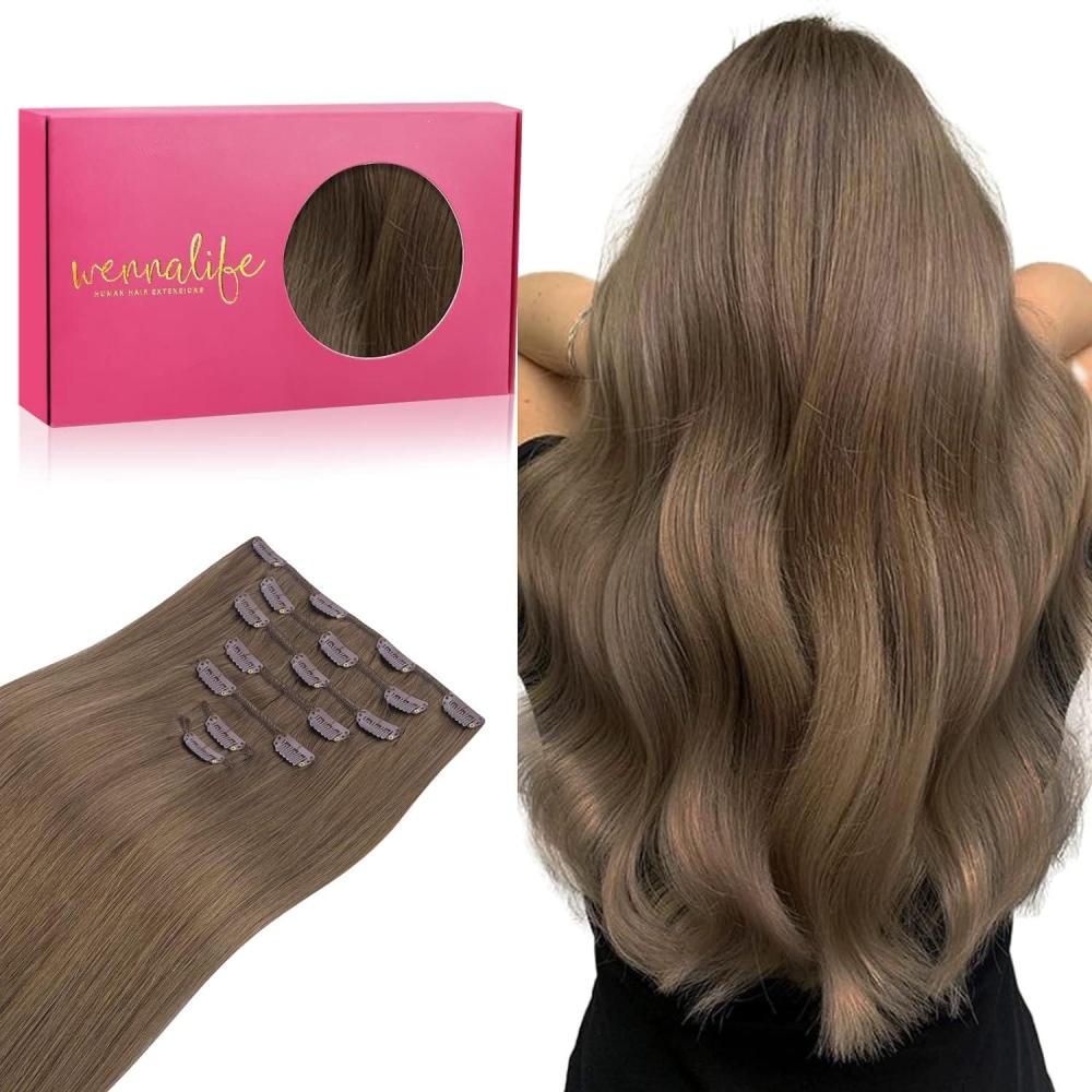 imageWENNALIFE Clip in Hair Extensions Real Human Hair 16 Inch 120g 7pcs Human Hair Extensions Clip In Human Hair Light Ash Brown Hair Extensions Clip In Real Hair Coloured Remy Human Hair Extensions