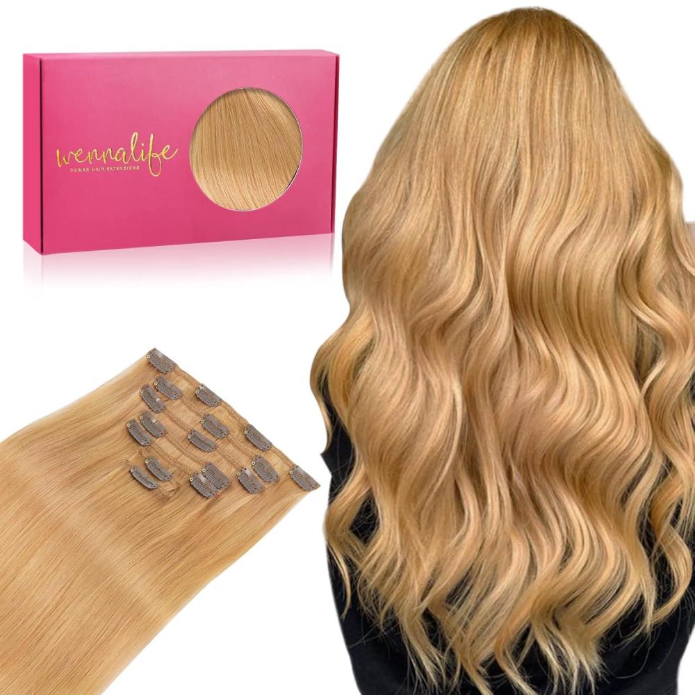 imageWENNALIFE Clip in Hair Extensions Real Human Hair 16 Inch 120g 7pcs Remy Hair Strawberry Blonde Straight Natural Coloured Extensiones De Cabello Humano Con Clip Ins