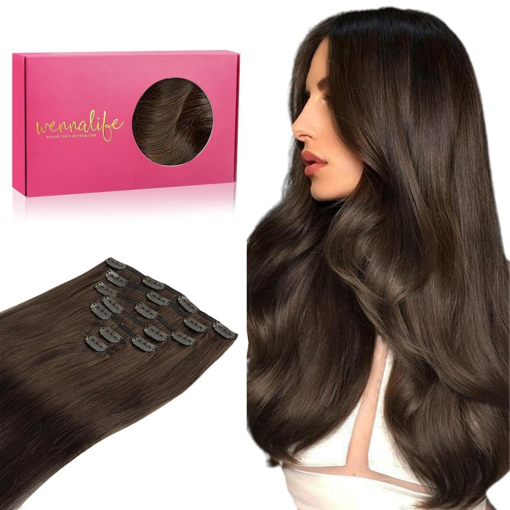 imageWENNALIFE Clip in Hair Extensions Real Human Hair 20 Inch 120g 7pcs Chocolate Brown Hair Extensions Clip in Human Hair Remy Clip in Hair Extensions Real Human Hair Double Weft