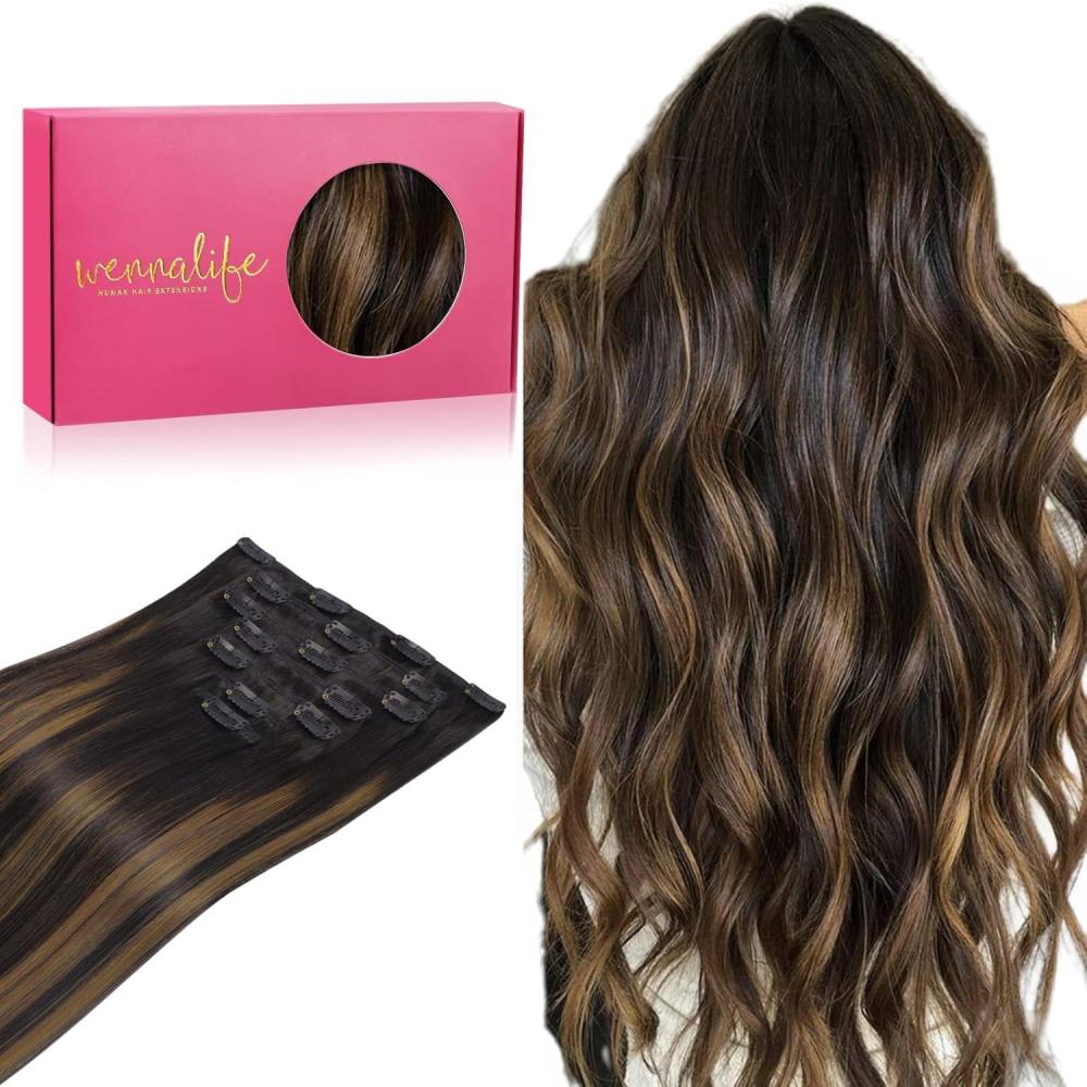 imageWENNALIFE Clip in Human Hair Extensions 16 Inch 120g 7pcs Natural Black to Chestnut Brown Balayage Hair Extensions Clip In Human Hair Remy Clip in Hair Extensions Real Human Hair Double Weft