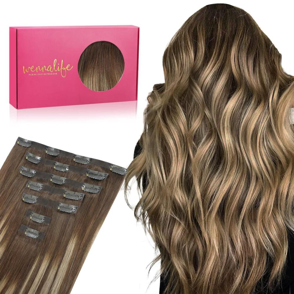 imageWENNALIFE Seamless Clip In Hair Extensions 16 Inch 7pcs 130g Balayage Chocolate Brown to Honey Blonde Hair Extensions Clip In Invisible PU Skin Weft Real Human Hair Extensions Clip In