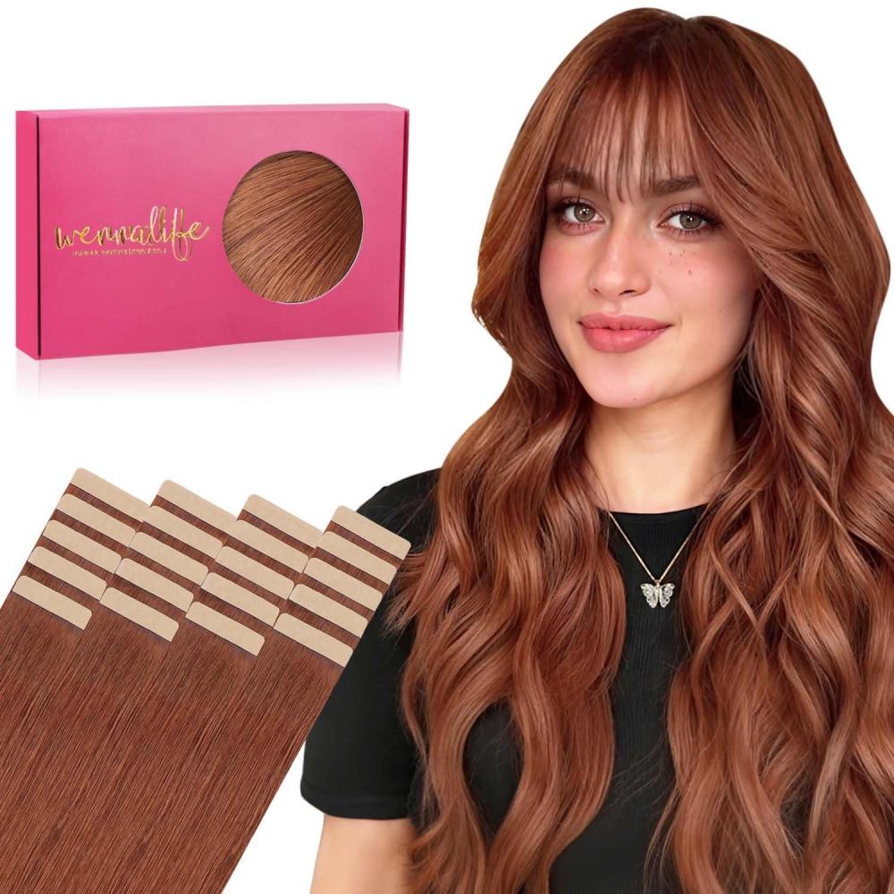 imageWENNALIFE Tape in Hair Extensions Human Hair 20pcs 50g 14 inch Dark Auburn Copper Remy Hair Extensions Straight Human Hair Tape in Extensions Skin Weft Tape Extensions Human Hair