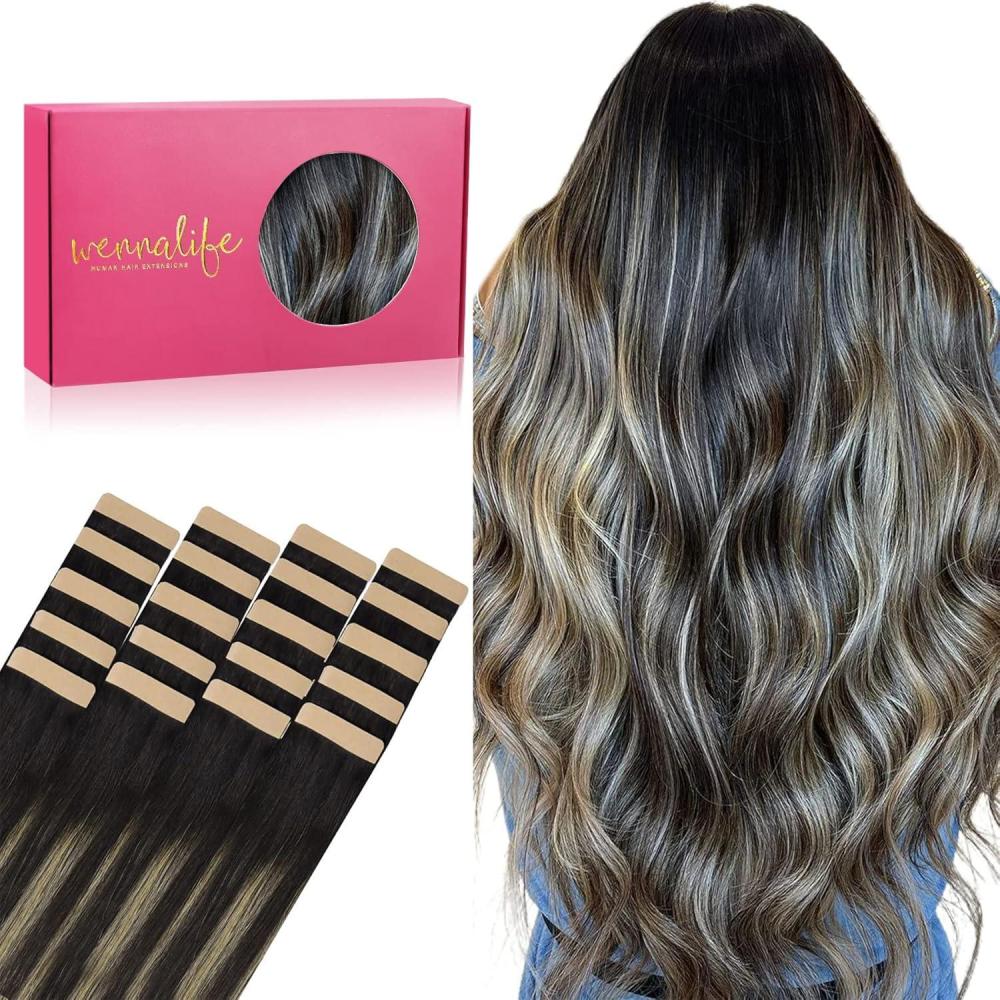 imageWENNALIFE Tape in Hair Extensions Human Hair 20pcs 50g 20 inch Natural Black to Light Blonde Remy Hair Extensions Straight Human Hair Tape in Extensions Skin Weft Tape Extensions Human Hair