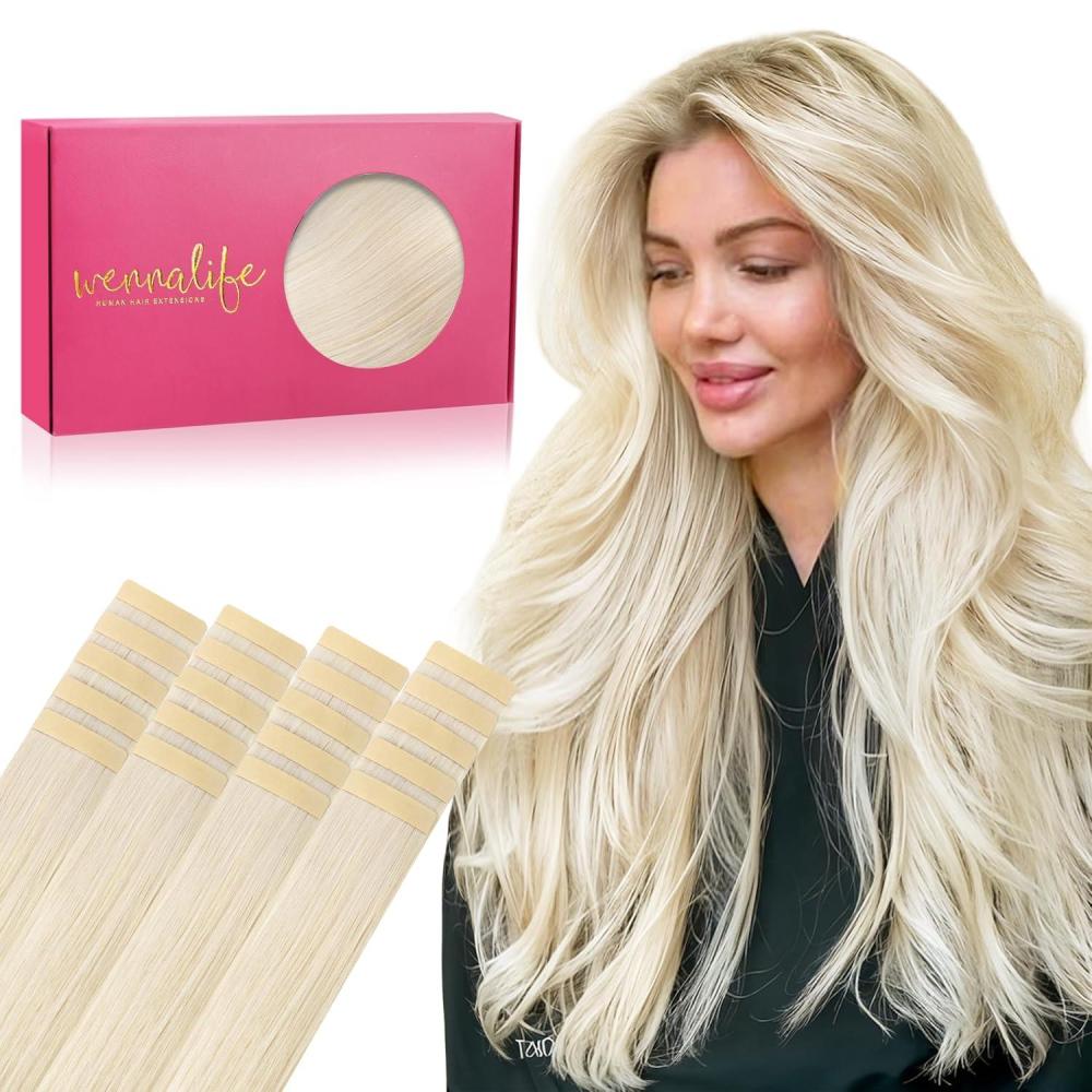 imageWENNALIFE Tape in Hair Extensions Human Hair 20pcs 50g 20 inch Platinum Blonde Remy Hair Extensions Straight Human Hair Tape in Extensions Skin Weft Tape Extensions Human Hair
