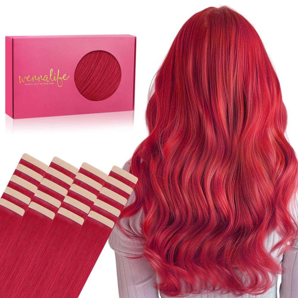 imageWENNALIFE Tape in Hair Extensions Human Hair 20pcs 50g 22 inch Red Remy Hair Extensions Straight Human Hair Tape in Extensions Tape Ins Straight Extensiones De Cabello Humano Skin Weft