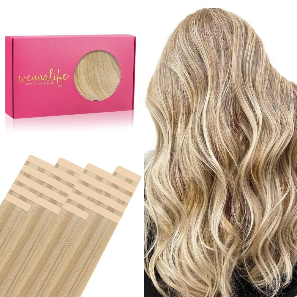 imageWENNALIFE Tape in Hair Extensions Human Hair 20pcs 50g 24 inch Light Blonde Highlighted Golden Blonde Remy Hair Extensions Straight Human Hair Tape in Extensions Skin Weft Tape Extensions Human Hair