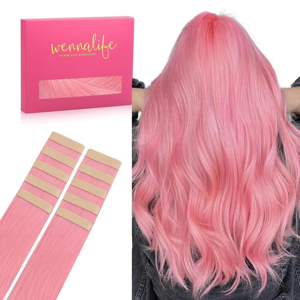imageWENNALIFE Tape in Hair Extensions Human Hair Peach Pink 10pcs 25g 18 inch Remy Hair Invisible Tape Ins Straight Colored Soft Refill Set Extensiones De Cabello Humano Con