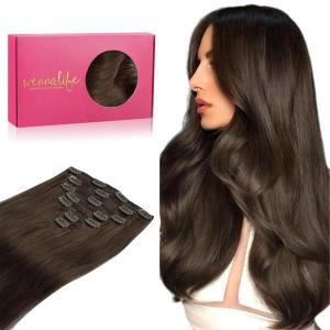 WENNALIFE Clip in Hair Extensions Real Human Hair, 14 Inch 120g 7pcs Remy Hair, Chocolate Brown Straight Natural Coloured Extensiones De Cabello Humano Con Clip Ins