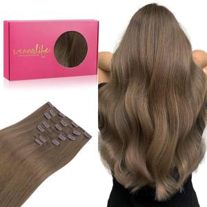 WENNALIFE Clip in Hair Extensions Real Human Hair, 16 Inch 120g 7pcs Human Hair Extensions Clip In Human Hair, Light Ash Brown Hair Extensions Clip In Real Hair Coloured Remy Human Hair Extensions