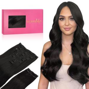 WENNALIFE Clip in Hair Extensions Real Human Hair, Natural Black Remy Hair Double Weft Extensiones