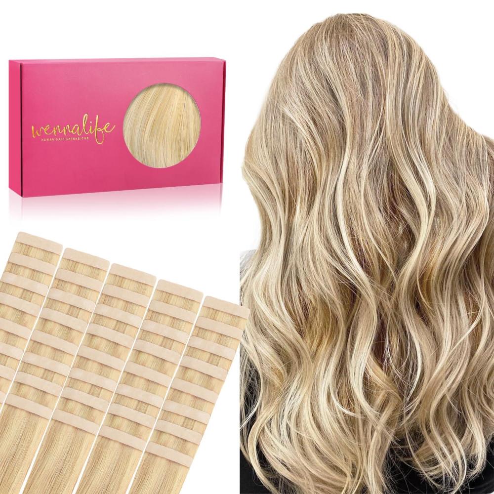 imageWENNALIFE Tape in Hair Extensions Human Hair 40pcs 100g 18 inch Light Blonde Highlighted Golden Blonde Hair Extensions Real Human Hair Straight Tape in Extensions Invisible Human Hair Extensions
