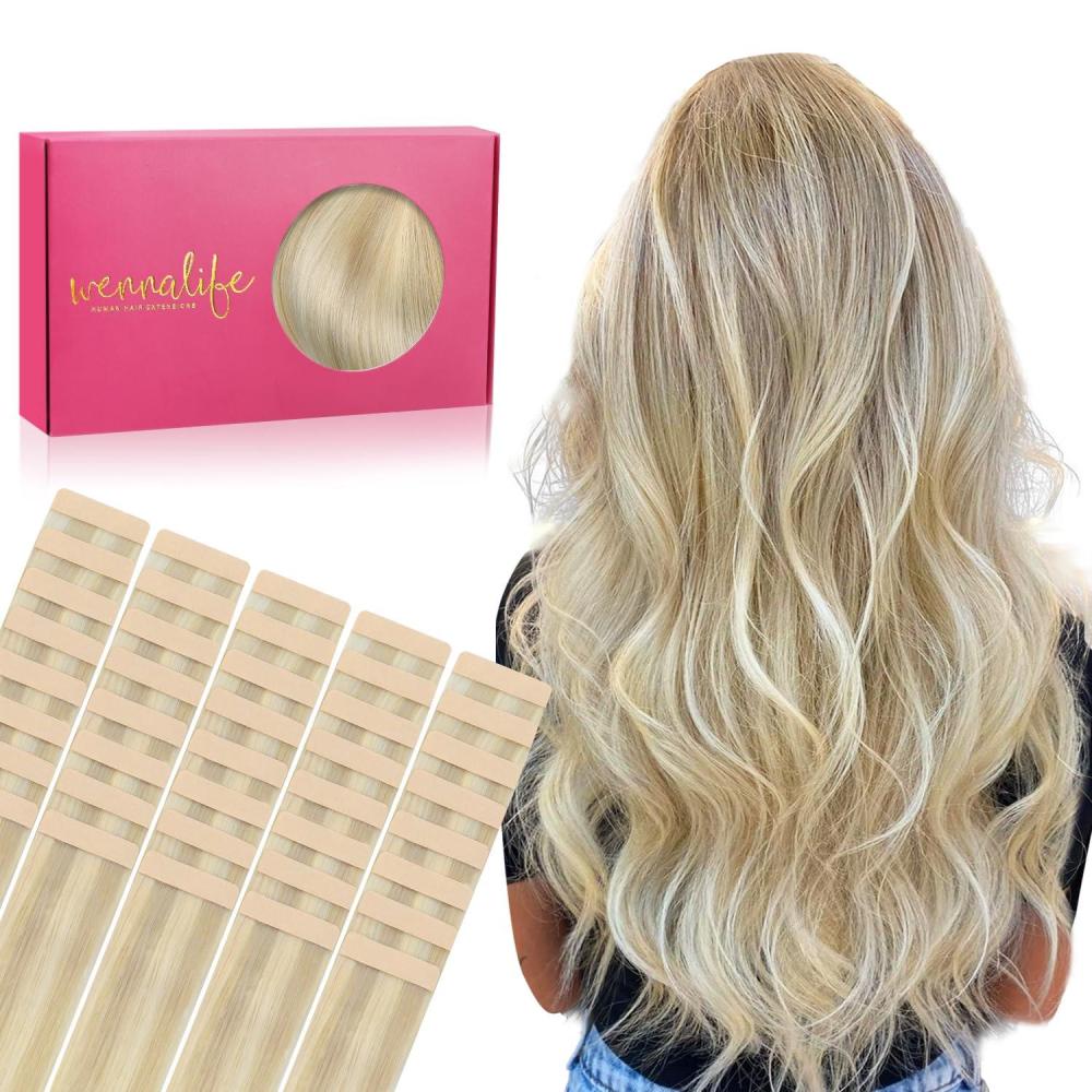 imageWENNALIFE Tape in Hair Extensions Human Hair 40pcs 100g 18 inch Ombre Ash Blonde to Golden Blonde Balayage Platinum Blonde Hair Extensions Real Human Hair Invisible Straight Tape in Extensions