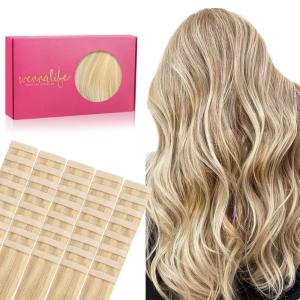 WENNALIFE Tape in Hair Extensions Human Hair, 40pcs 100g 18 inch Light Blonde Highlighted Golden Blonde Hair Extensions Real Human Hair Straight Tape in Extensions Invisible Human Hair Extensions