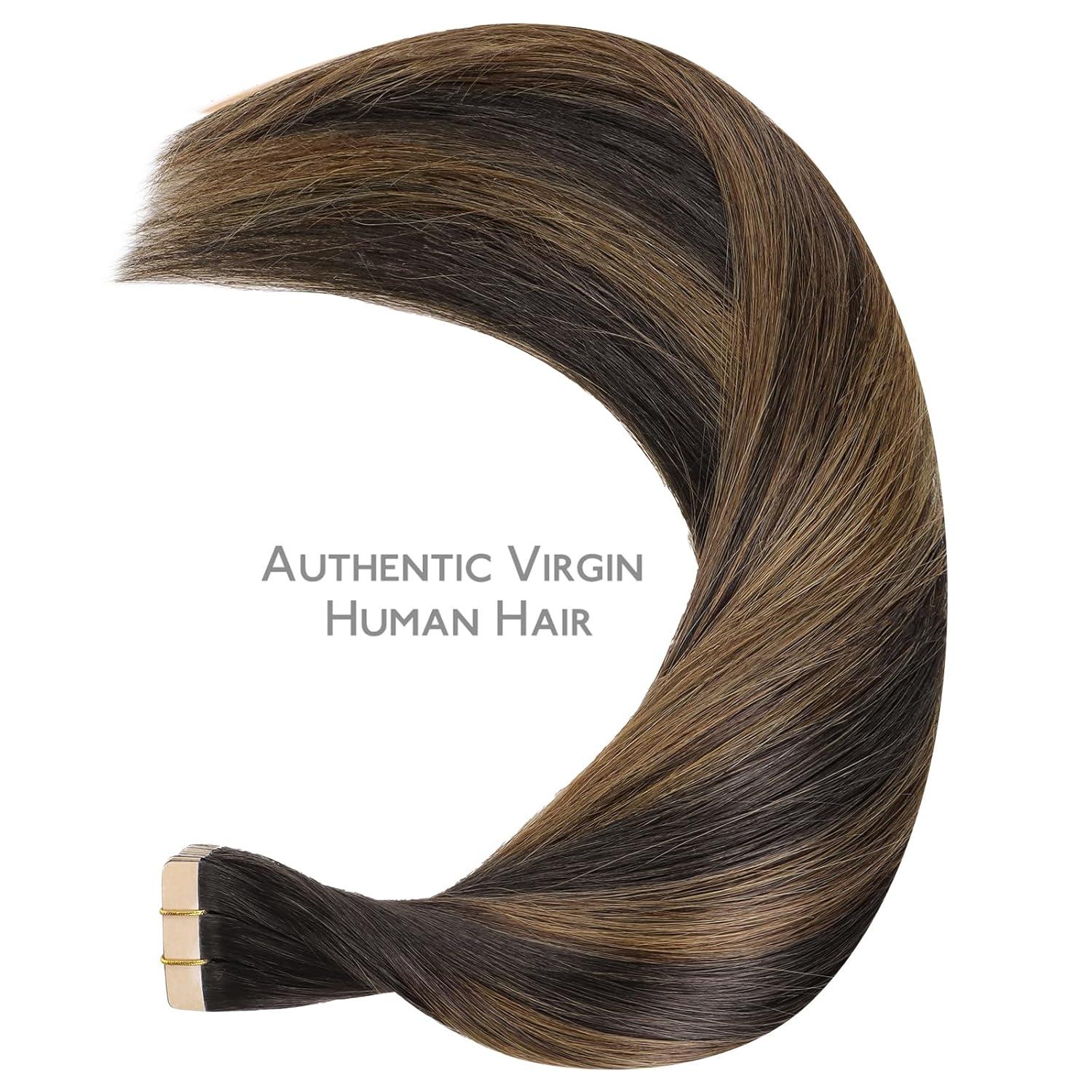 imageWENNALIFE Tape in Hair Extensions Human Hair Balayage Dark Brown Mixed Chestnut Brown Tape in Extensions 10pcs 25g 18 inch Remy Invisible Tape Ins Straight Soft Real Human Hair Tape in Extensions