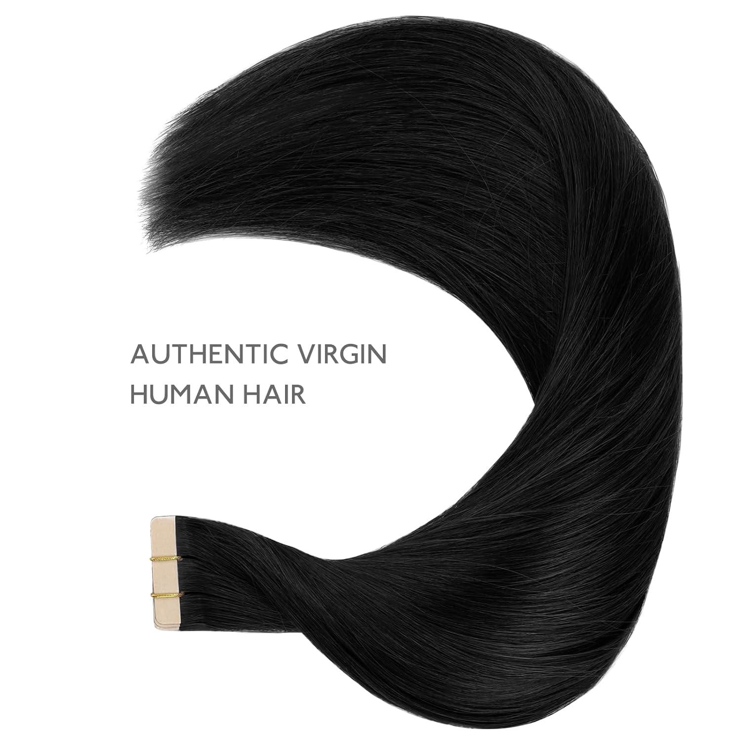 imageWENNALIFE Tape in Hair Extensions Human Hair Jet Black Tape in Extensions 10pcs 25g 18 inch Remy Invisible Tape Ins Straight Colored Soft Real Human Hair Tape in Extensions Refill Set Extensions