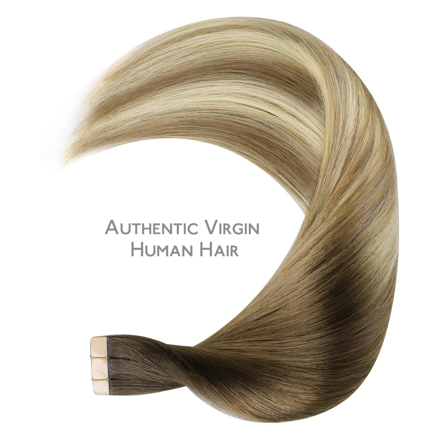 imageWENNALIFE Tape in Hair Extensions Human Hair Ombre Walnut Brown to Ash Brown and Bleach Blonde 10pcs 25g 18 inch Remy Invisible Tape Ins Straight Real Human Hair Tape in Extensions