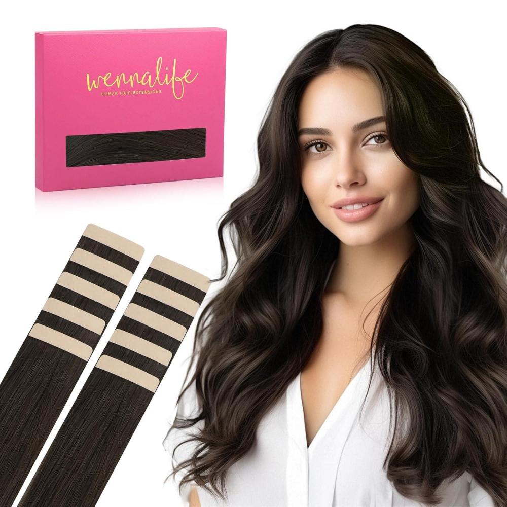 imageWENNALIFE Tape in Hair Extensions Human Hair Dark Brown 10pcs 25g 18 inch Remy Invisible Tape Ins Straight Colored Soft Real Human Hair Refill Set
