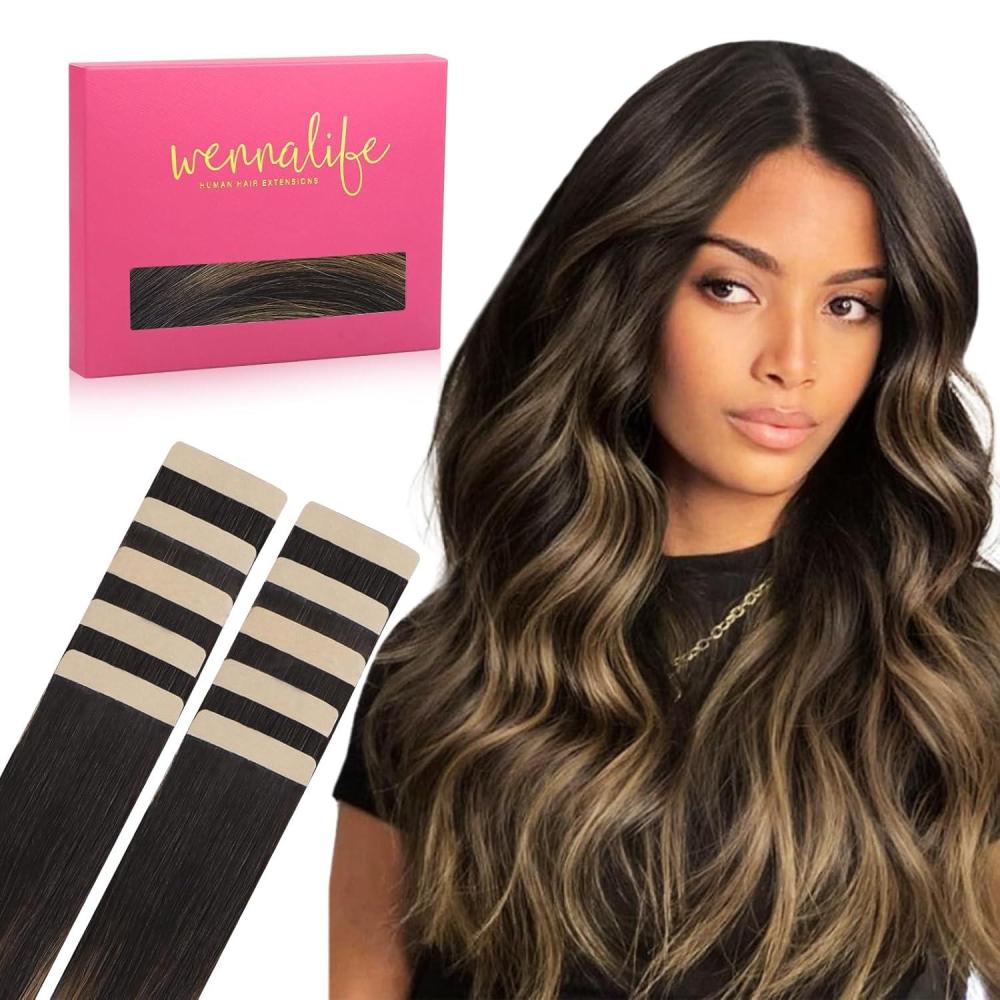 imageWENNALIFE Tape in Hair Extensions Human Hair Balayage Dark Brown Mixed Chestnut Brown Tape in Extensions 10pcs 25g 18 inch Remy Invisible Tape Ins Straight Soft Real Human Hair Tape in Extensions