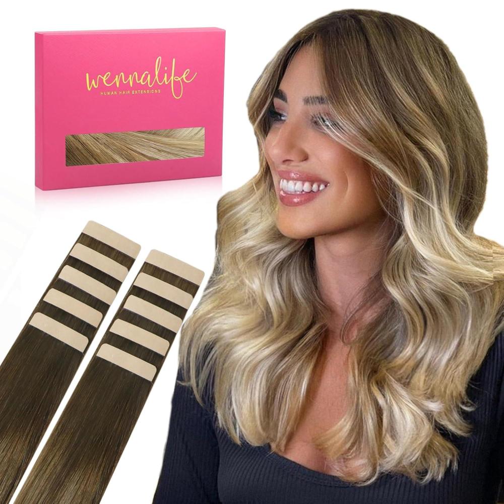imageWENNALIFE Tape in Hair Extensions Human Hair Ombre Walnut Brown to Ash Brown and Bleach Blonde 10pcs 25g 18 inch Remy Invisible Tape Ins Straight Real Human Hair Tape in Extensions