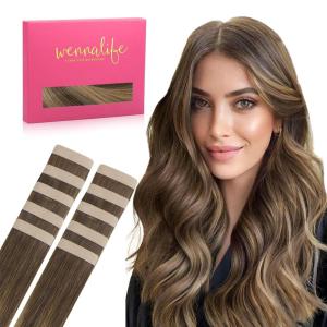 WENNALIFE Tape in Hair Extensions Human Hair Balayage Chocolate Brown to Caramel Blonde Tape in Extensions, 10pcs 25g 18 inch Remy Invisible Tape Ins Straight Soft Real Human Hair Tape in Extensions
