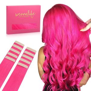 WENNALIFE Tape in Hair Extensions Human Hair Hot Pink Tape in Extensions, 10pcs 25g 18 inch Remy Invisible Tape Ins Straight Colored Soft Real Human Hair Tape in Extensions Refill Set Extensions