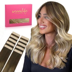 WENNALIFE Tape in Hair Extensions Human Hair Ombre Walnut Brown to Ash Brown and Bleach Blonde, 10pcs 25g 18 inch Remy Invisible Tape Ins Straight Real Human Hair Tape in Extensions