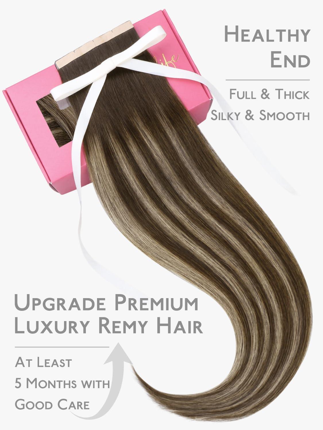 imageWENNALIFE 8cm Tape in Hair Extensions Real Human Hair Tape Weft Hair Extensions Human Hair 20 inch 100g 20pcs Balayage Chocolate Brown to Honey Blonde Remy Hair Straight Extensiones De Cabello Hmano