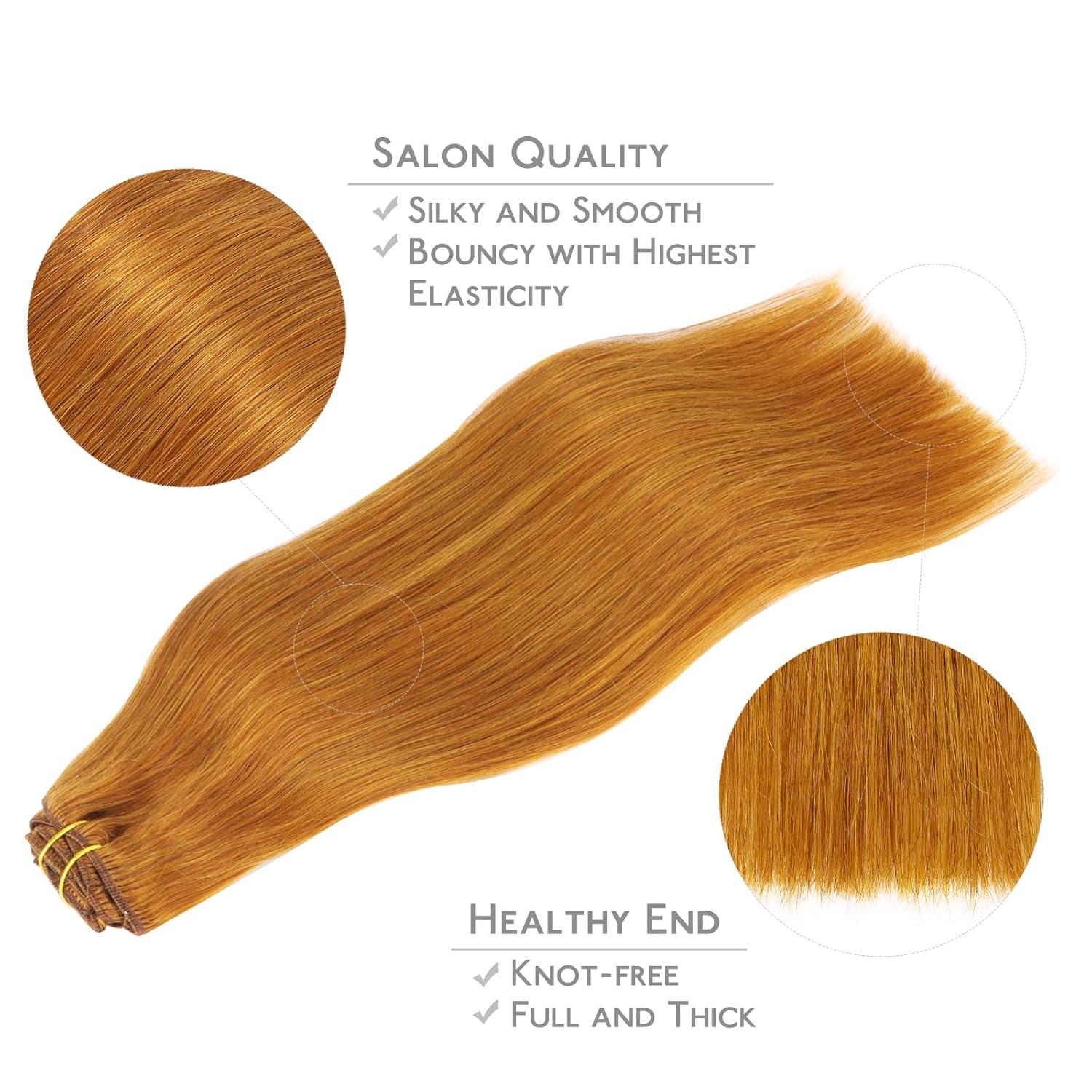 imageWENNALIFE Real Human Hair Clip in Extensions 22 Inch 120g 7pcs Auburn Ginger Remy Hair Clip Ins Double Wef