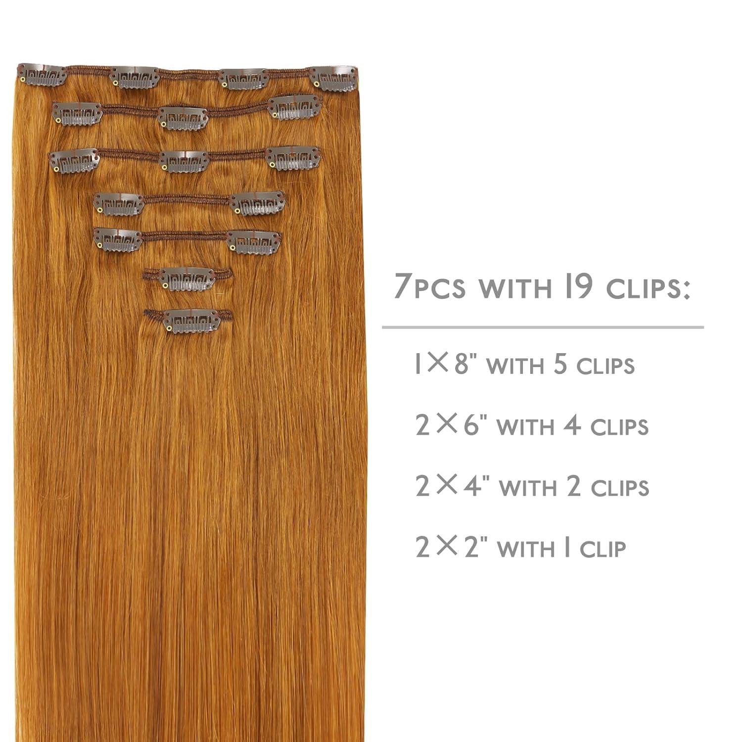 imageWENNALIFE Real Human Hair Clip in Extensions 22 Inch 120g 7pcs Auburn Ginger Remy Hair Clip Ins Double Wef