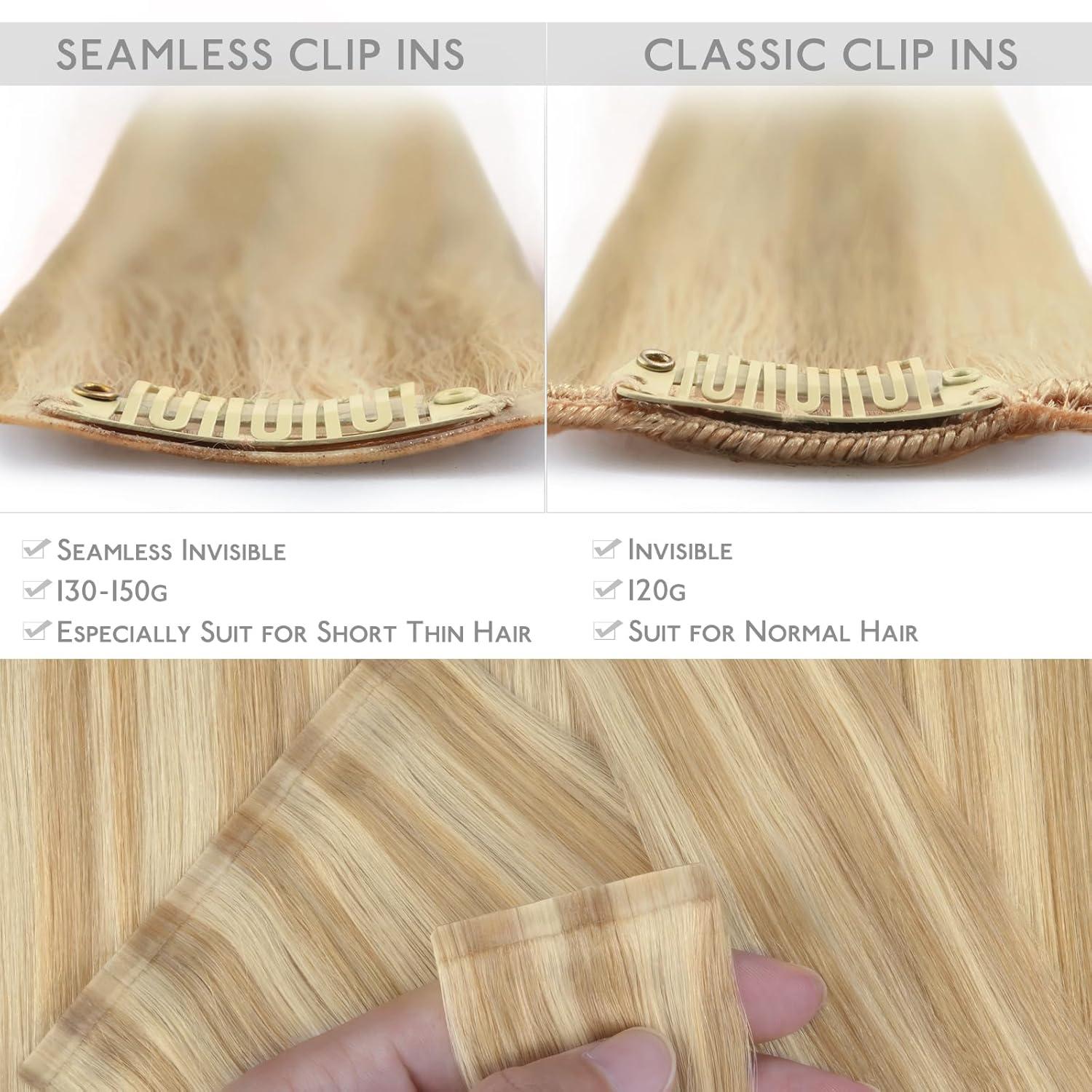 imageWENNALIFE Seamless Clip In Hair Extensions 14 Inch 7pcs 130g Light Blonde Highlighted Golden Blonde Hair Extensions Clip In Real Human Hair Extensions Invisible PU Weft Human