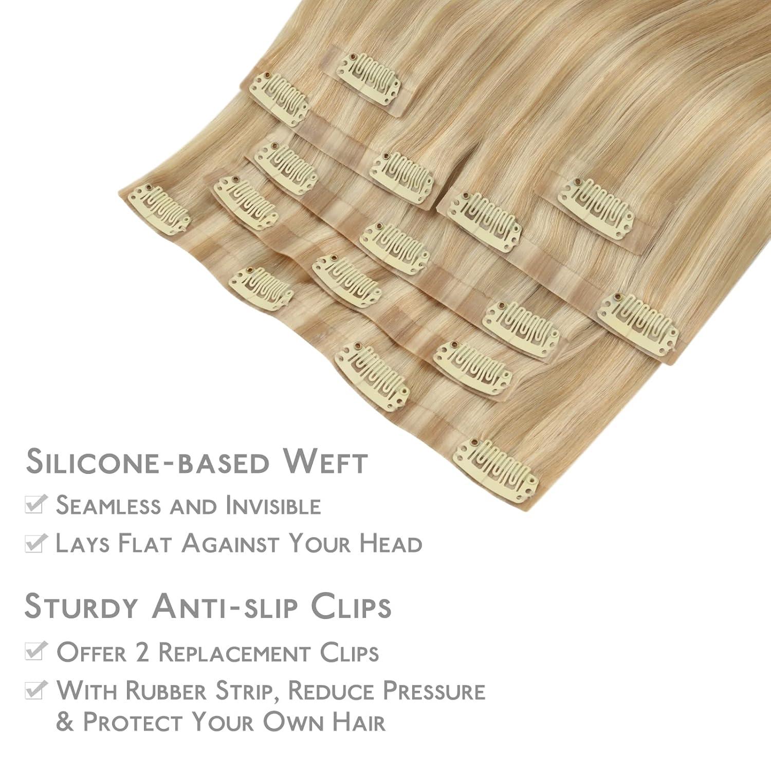 imageWENNALIFE Seamless Clip In Hair Extensions 14 Inch 7pcs 130g Light Blonde Highlighted Golden Blonde Hair Extensions Clip In Real Human Hair Extensions Invisible PU Weft Human
