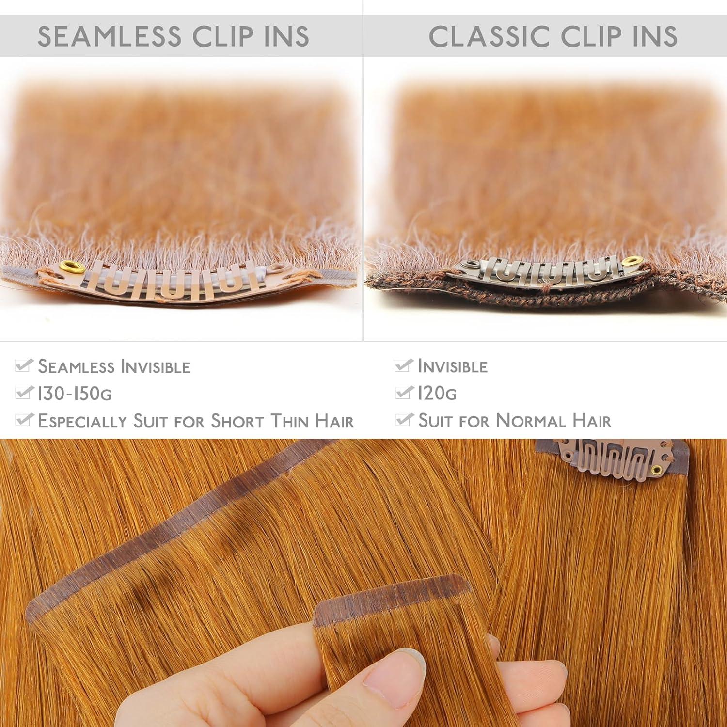 imageWENNALIFE Seamless Clip In Hair Extensions Human Hair 16 Inch 130g 7pcs Auburn Ginger Real Hair Extensions Clip in Human Hair Invisible PU Skin Weft Natural Remy Human Hair Extensions
