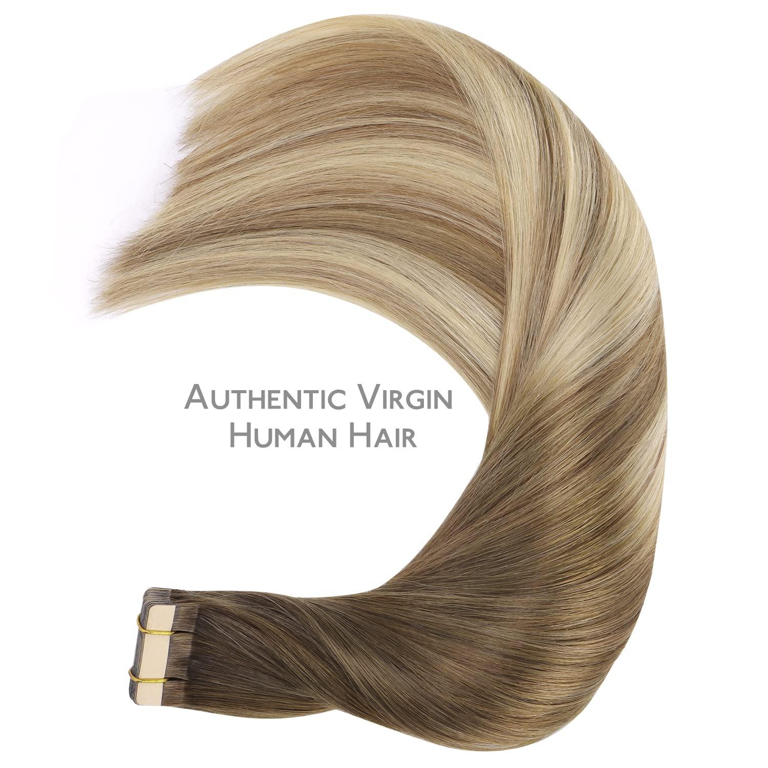 imageWENNALIFE Tape in Hair Extensions Human Hair 20pcs 16 inch 50g Ombre Walnut Brown to Ash Brown and Bleach Blonde Remy Tape Hair Extensions Real Human Hair Tape Extensions Coloured Hair Extensions