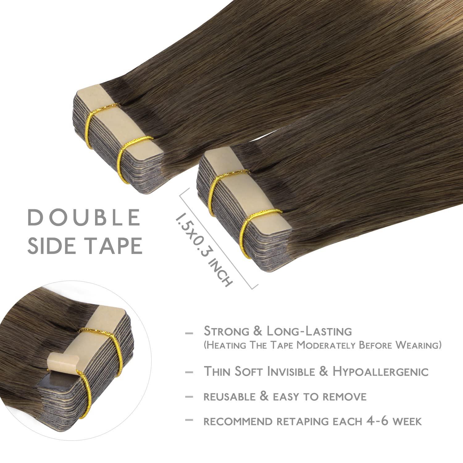 imageWENNALIFE Tape in Hair Extensions Human Hair 20pcs 16 inch 50g Ombre Walnut Brown to Ash Brown and Bleach Blonde Remy Tape Hair Extensions Real Human Hair Tape Extensions Coloured Hair Extensions