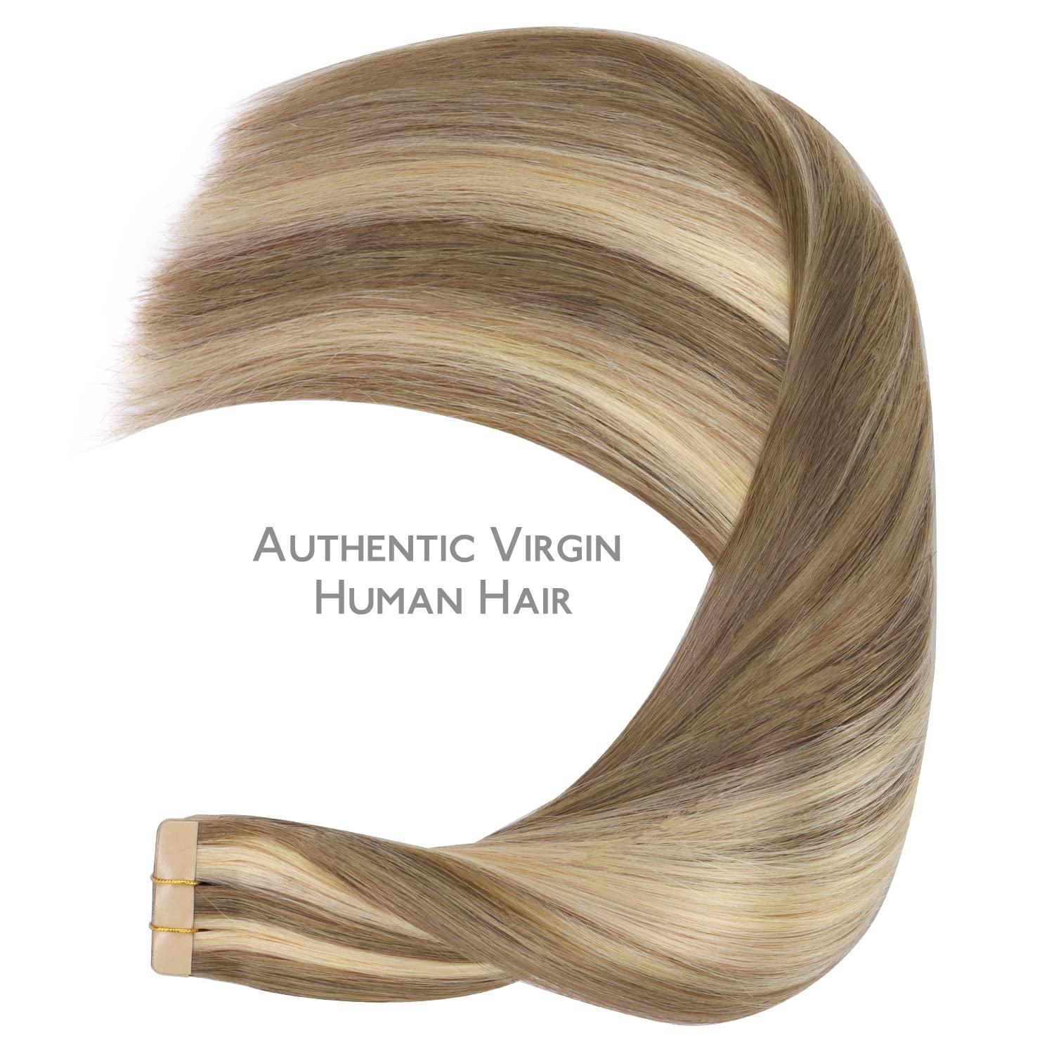 imageWENNALIFE Tape in Hair Extensions Human Hair 20pcs 50g 16 inch Ash Brown with Platinum Blonde Highlights Remy Hair Extensions Straight Human Hair Tape in Extensions Skin Weft Tape Extensions