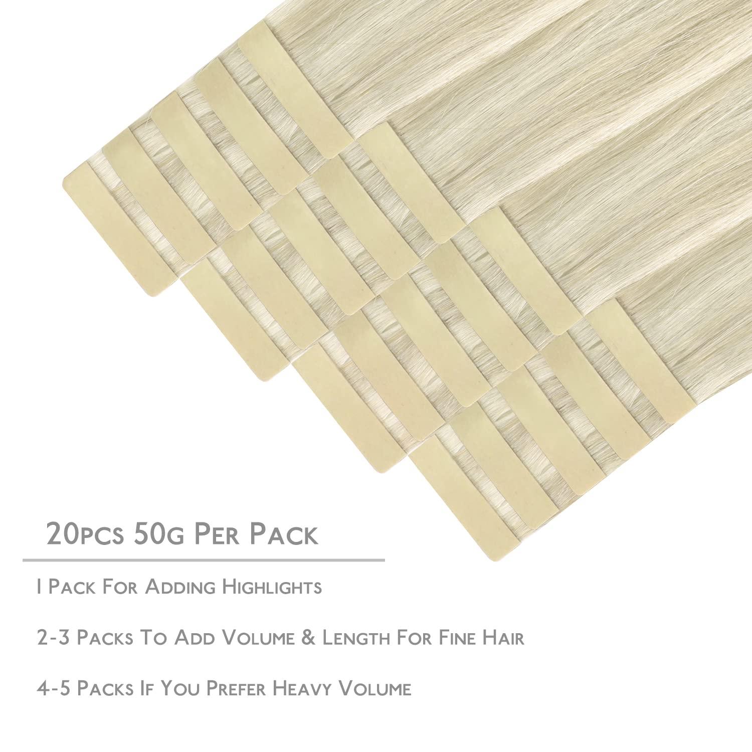 imageWENNALIFE Tape in Hair Extensions Human Hair 20pcs 50g 20 inch Ash Blonde Highlighted Platinum Blonde Remy Hair Extensions Straight Human Hair Tape in Extensions Skin Weft Tape Extensions Human Hair
