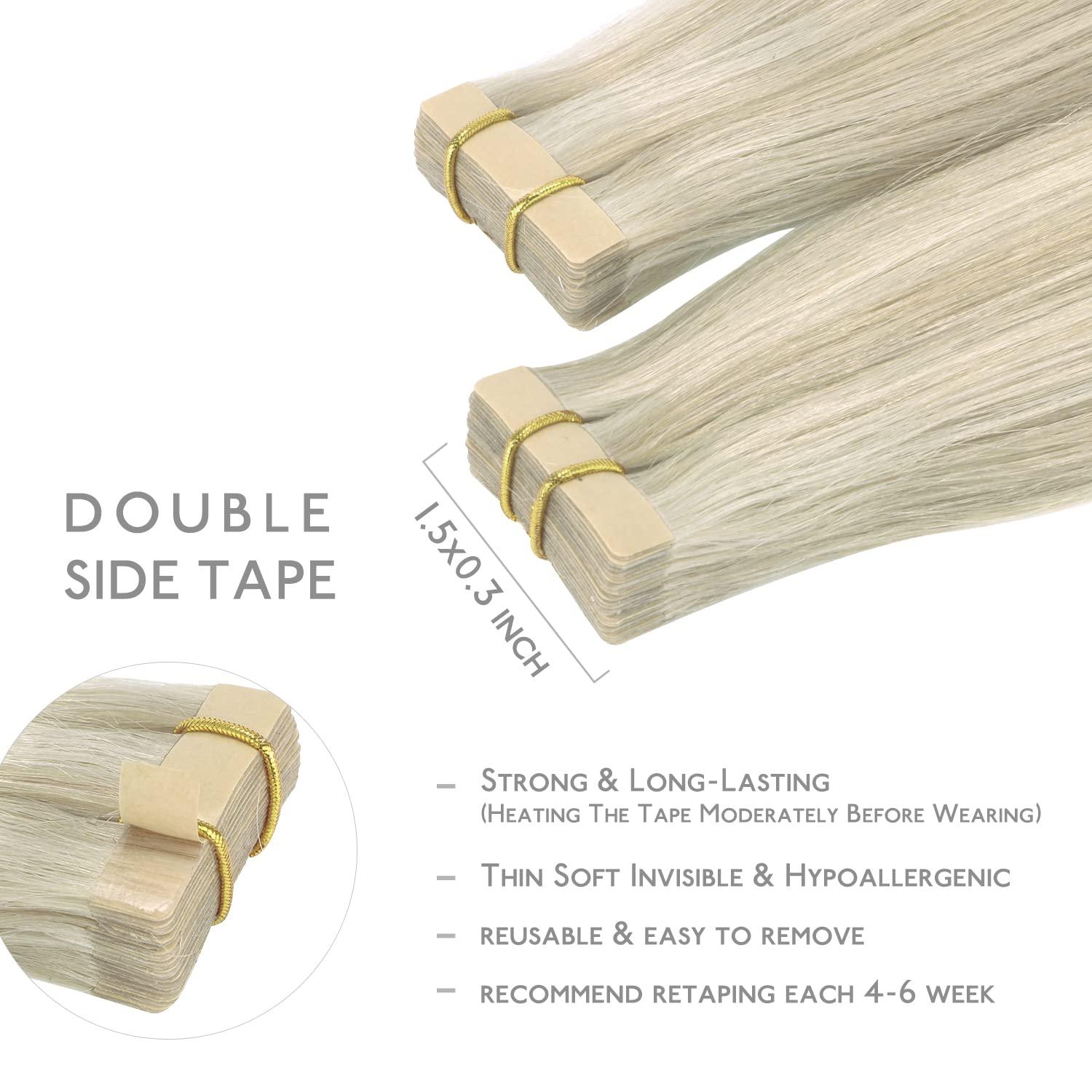 imageWENNALIFE Tape in Hair Extensions Human Hair 20pcs 50g 20 inch Ash Blonde Highlighted Platinum Blonde Remy Hair Extensions Straight Human Hair Tape in Extensions Skin Weft Tape Extensions Human Hair