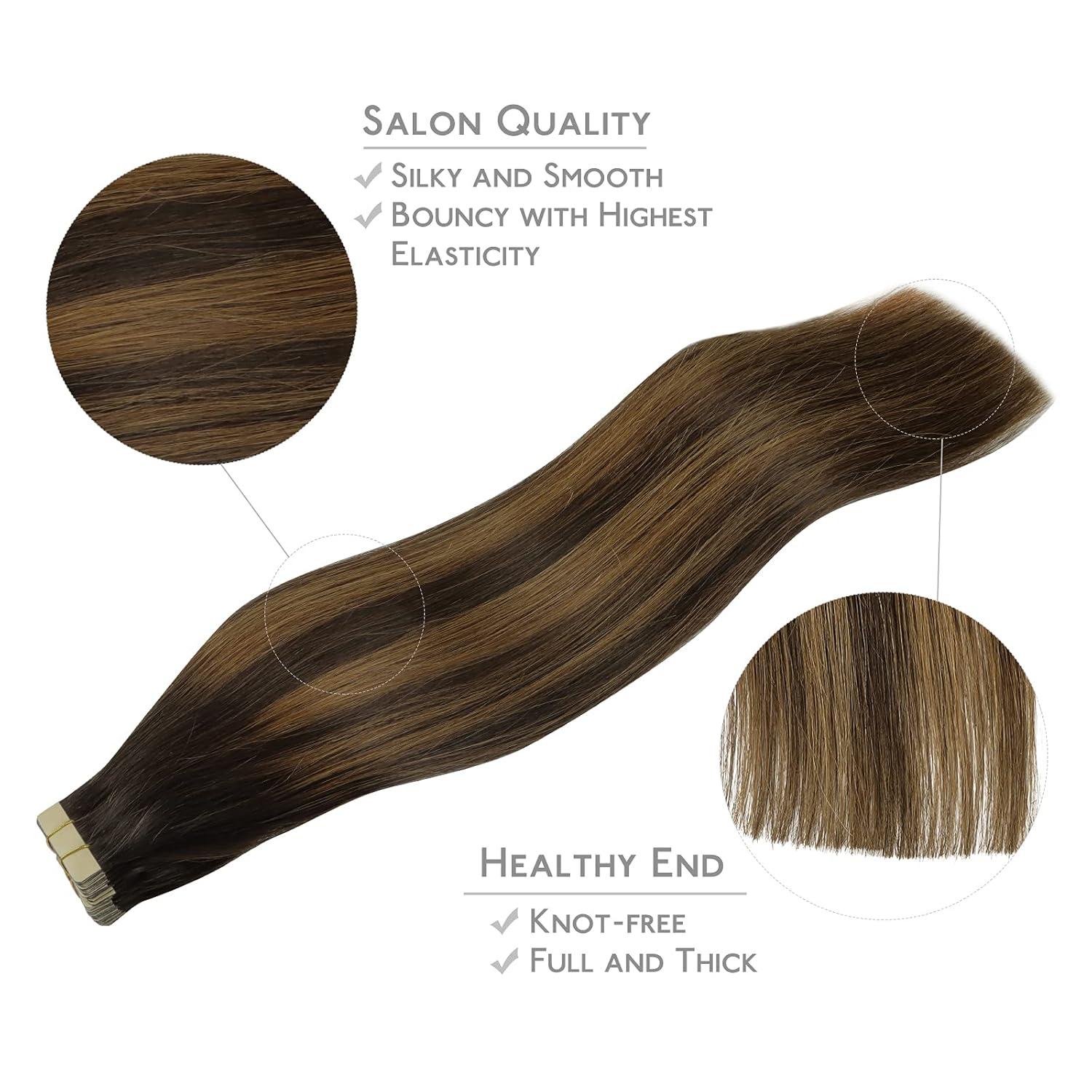imageWENNALIFE Tape in Hair Extensions Human Hair 20pcs 50g 20 inch Balayage Dark Brown Mixed Chestnut Brown Remy Hair Extensions Straight Human Hair Tape in Extensions Skin Weft Extensions